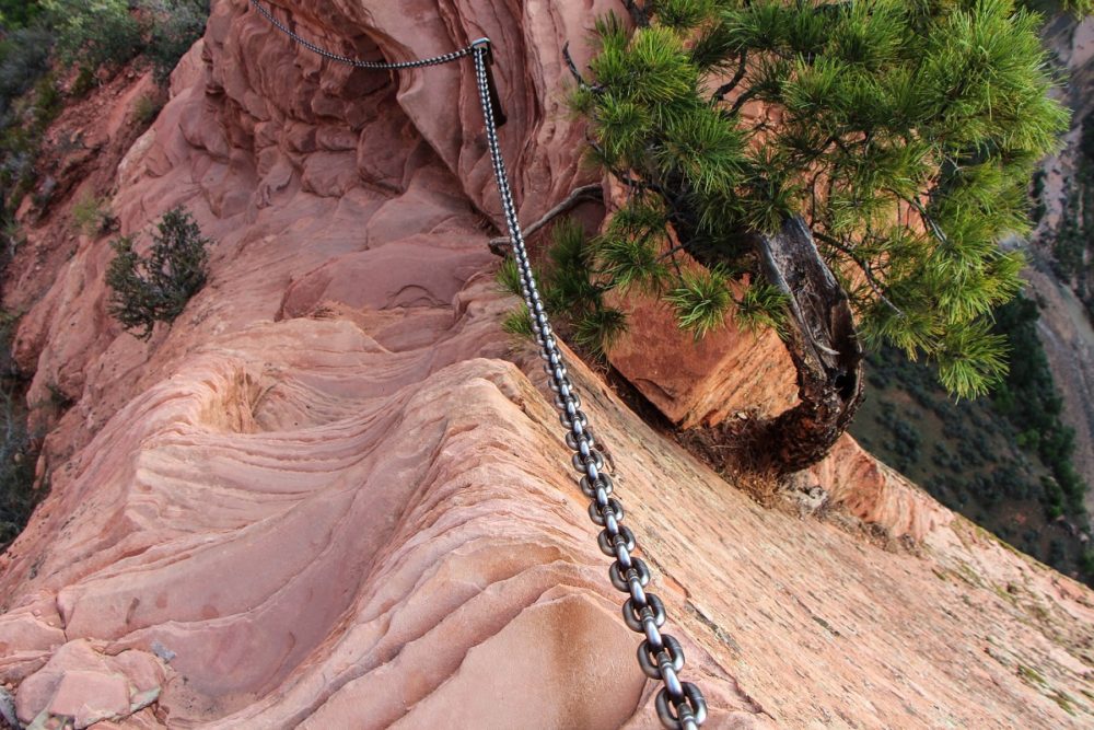 The narrow and steep Angels Landing trail in Zion National Park, Utah