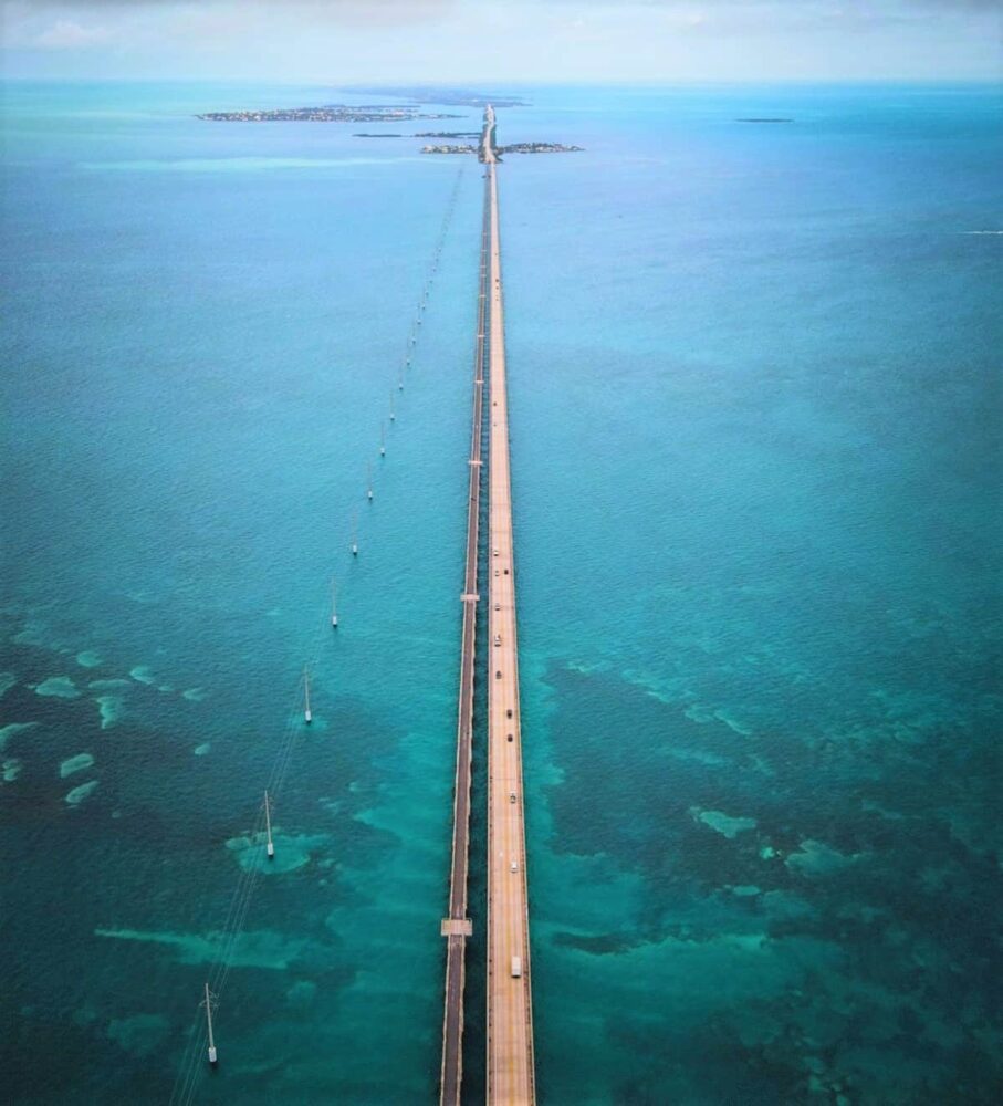 Aerial view of iconic Seven Mile Bridge spanning the clear blue waters of the Florida Keys