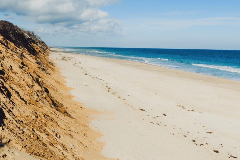 The Atlantic Ocean colliding with an empty shoreline below towering sand cliffs in Cape Cod National Seashore