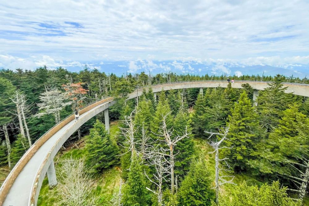 People taking in the view from Clingmans Dome Observation tower in Great Smoky Mountains National Park