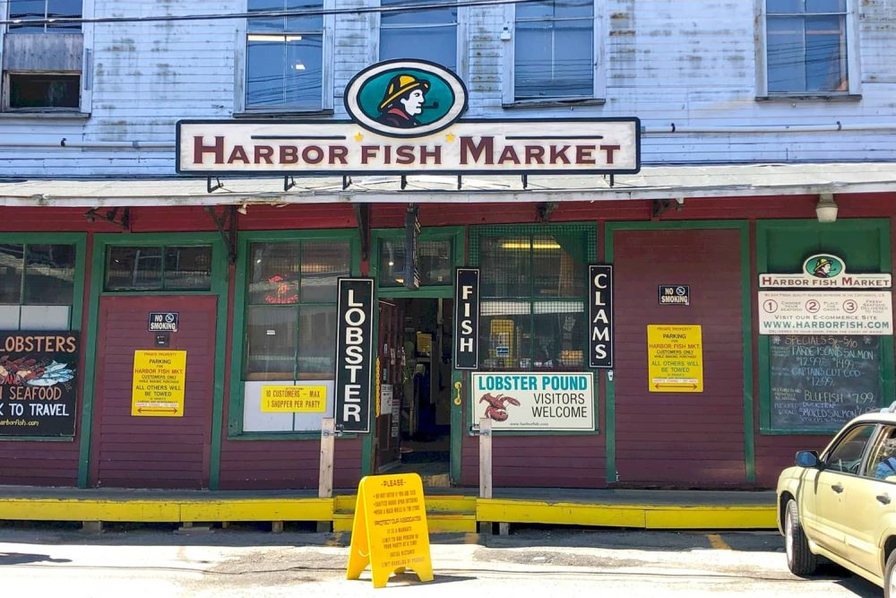 Red-painted Harbor Fish Market in the Old Port of Portland, ME