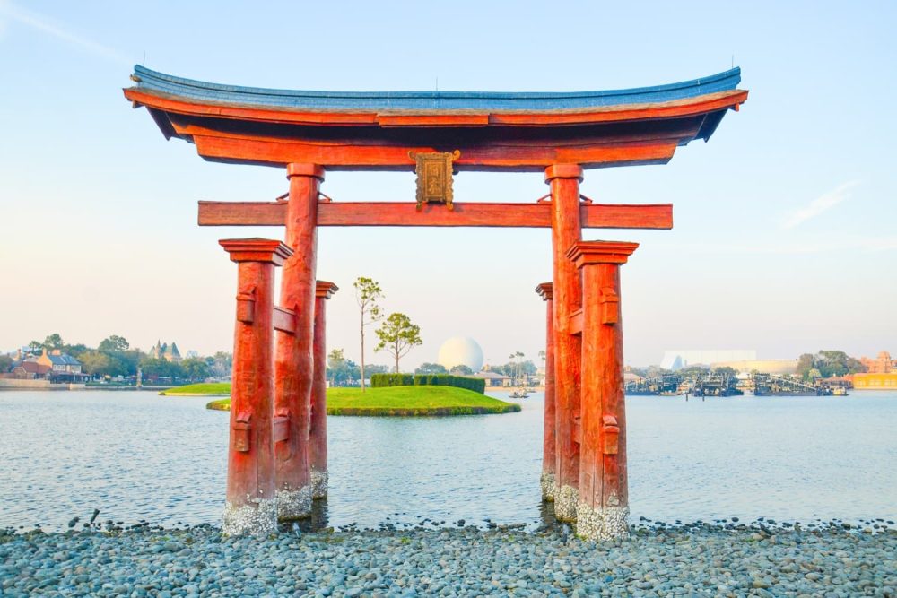 The red torii of Itsukushima Shrine at the Japan Pavilion of Disney World, Orlando