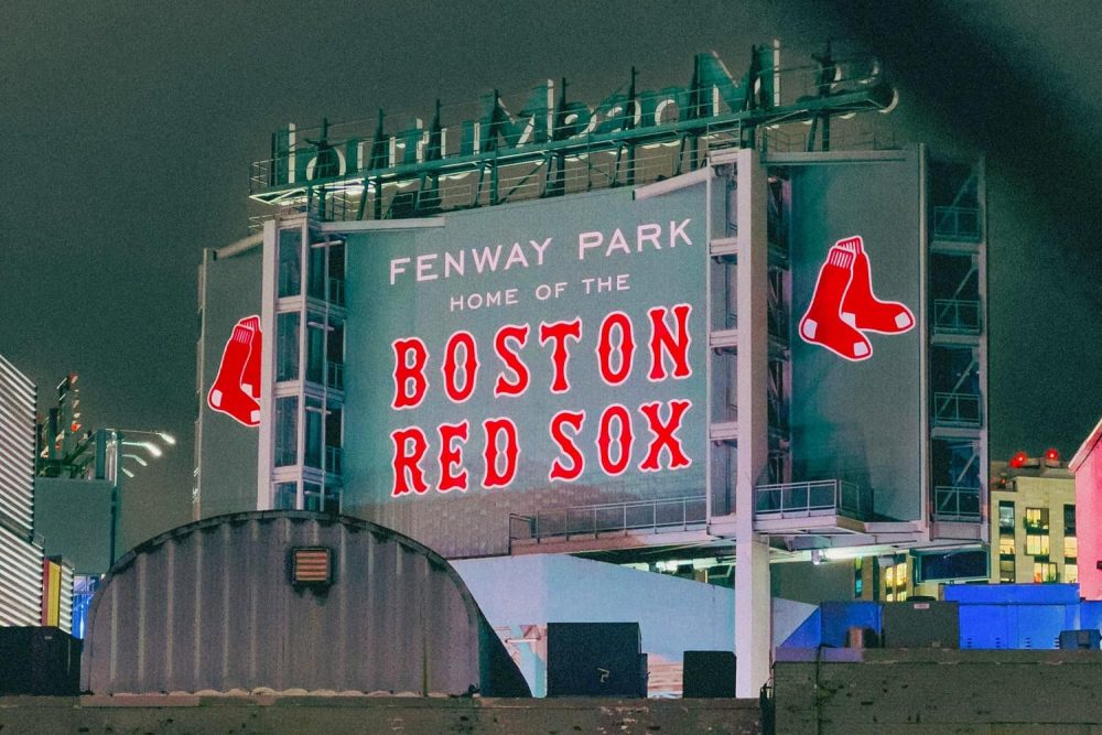 The exterior of Fenway Park, Boston, after dark
