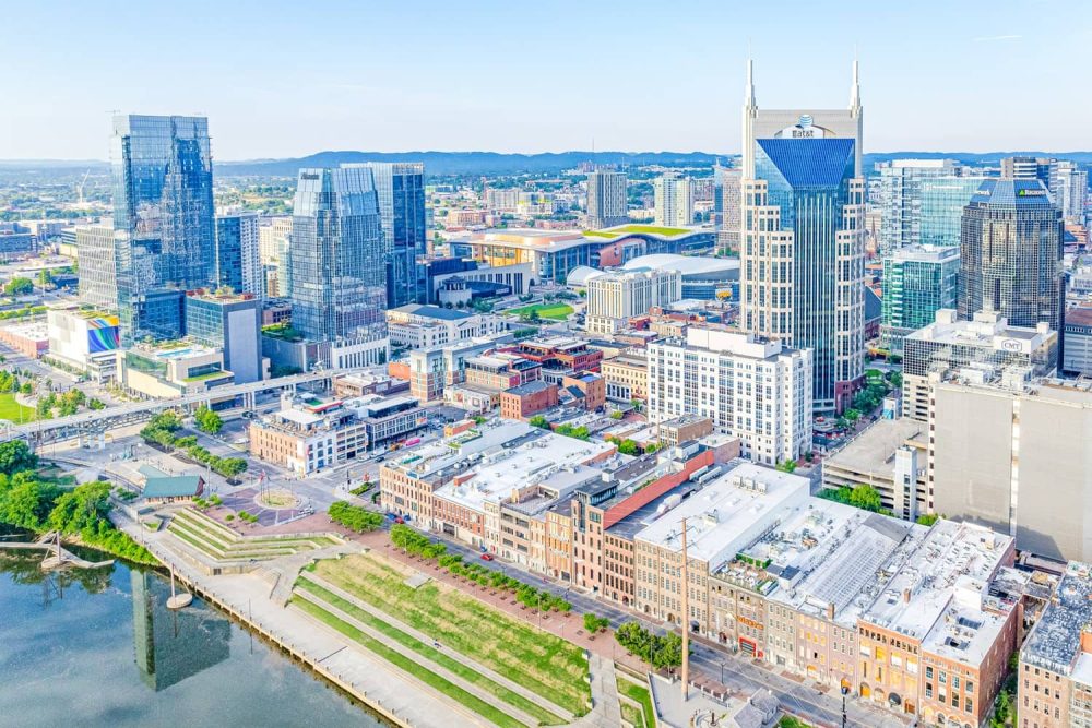 Historic Lower Broadway meets towering shiny skyscrapers in Downtown Nashville