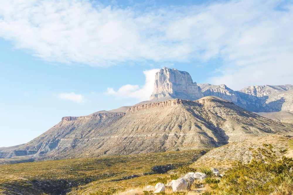 The El Capitan peak in Guadalupe Mountains National Park under a cloudy sky