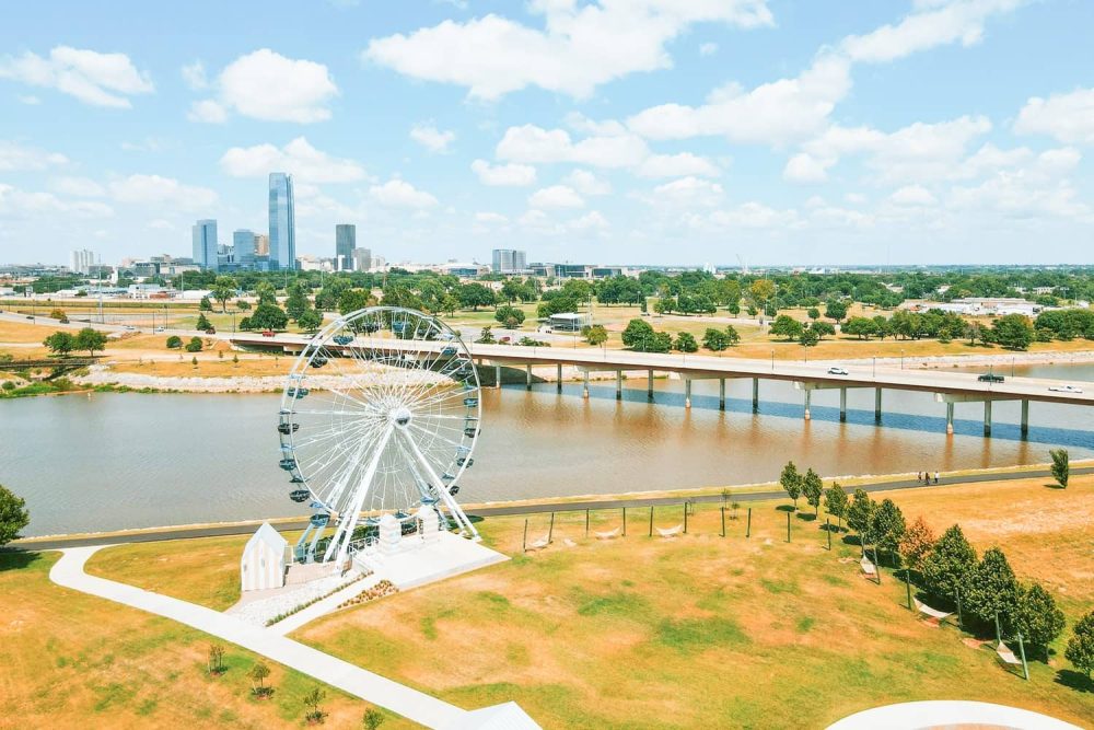 The white Wheeler Ferris Wheel by the Oklahoma River in Oklahoma City