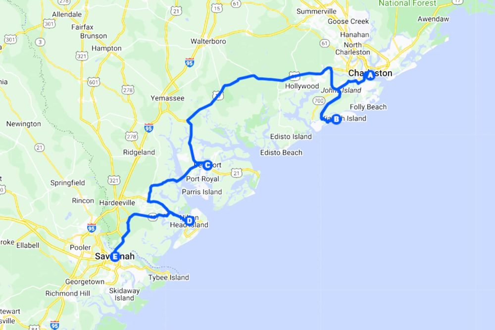 Map showing the best route from Charleston to Savannah